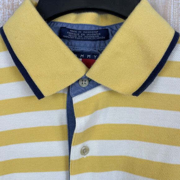 VTG Tommy Hilfiger Mens Long Sleeve Polo Shirt L Yellow Stripe Crest 1/4 Button - Picture 2 of 9